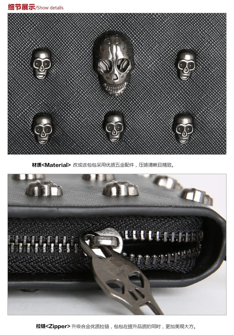 Skull Rivet Wristlet Wallet Long Zip Handbag for Women