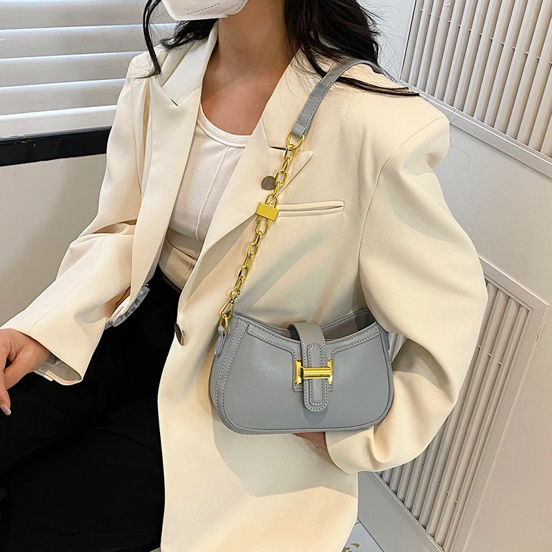 Leather Chain Shoulder Bag Handbag Half Moon Ladies Totes Cross Body