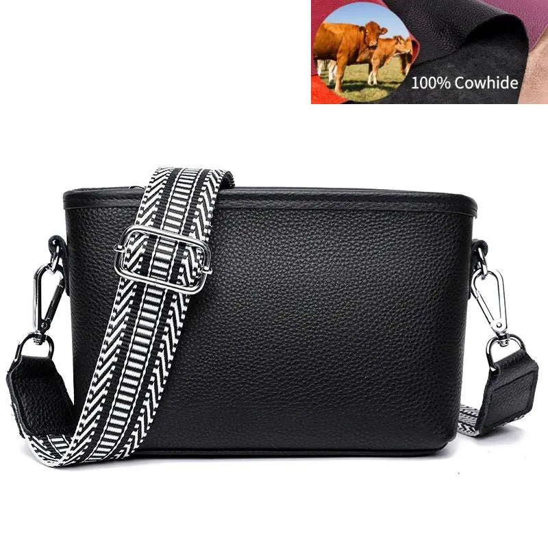 Leather Women's Wide Strap Shoulder Bag Soft Cowhide Totes