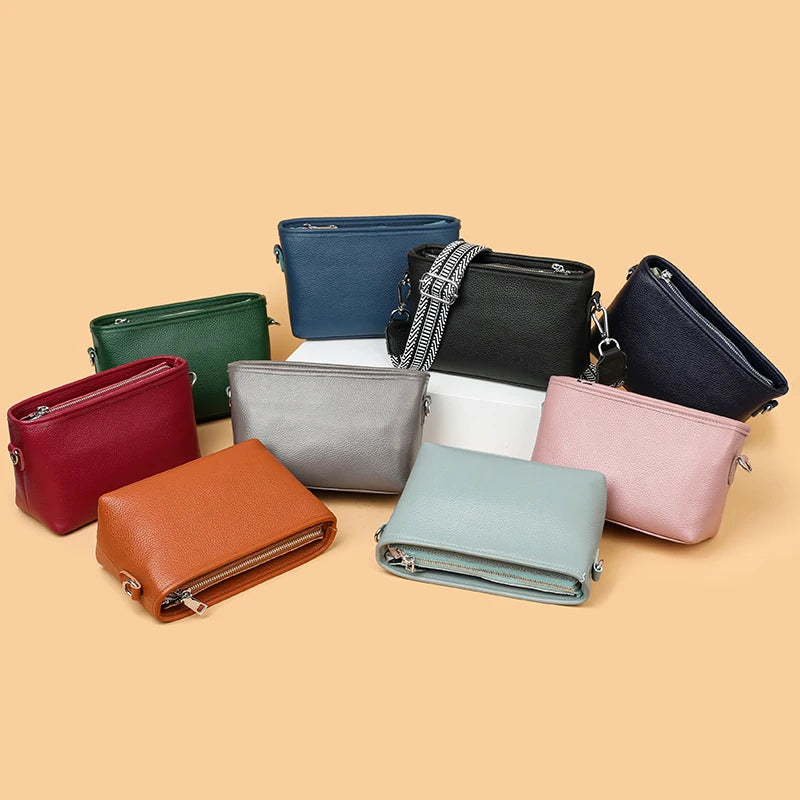 Leather Women's Wide Strap Shoulder Bag Soft Cowhide Totes