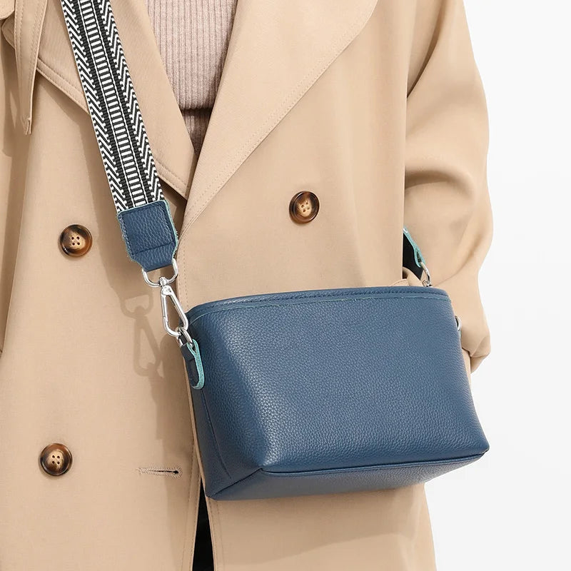 Leather Women's Wide Strap Shoulder Bag Soft Cowhide Totes
