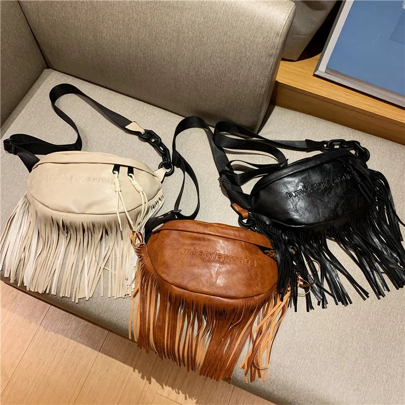 Leather Women's Shoulder Bag Chest Bag Tassel Decoration Crossbody Bag