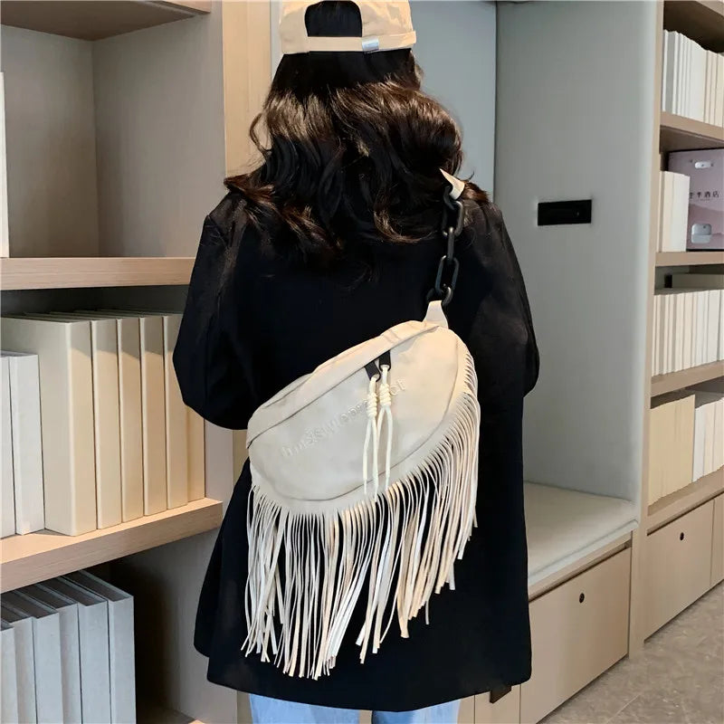 Leather Women's Shoulder Bag Chest Bag Tassel Decoration Crossbody Bag