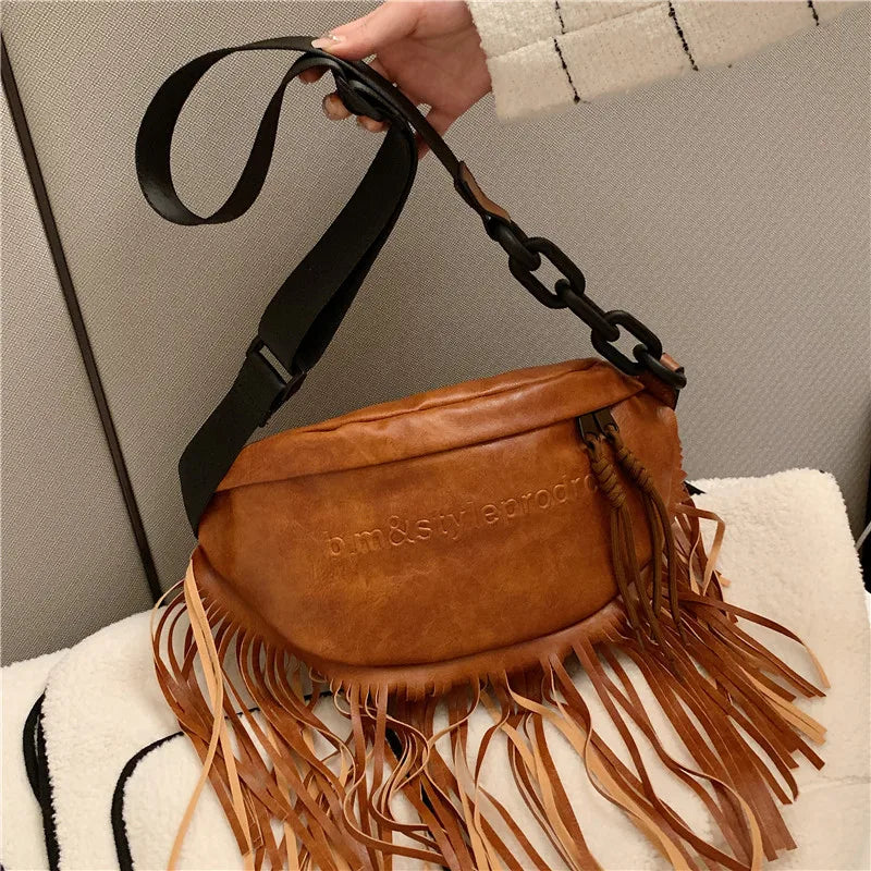 Leather Women's Shoulder Bag Chest Bag Tassel Decoration Crossbody Bag