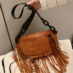 Leather Women's Shoulder Bag Chest Bag Tassel Decoration Crossbody Bag