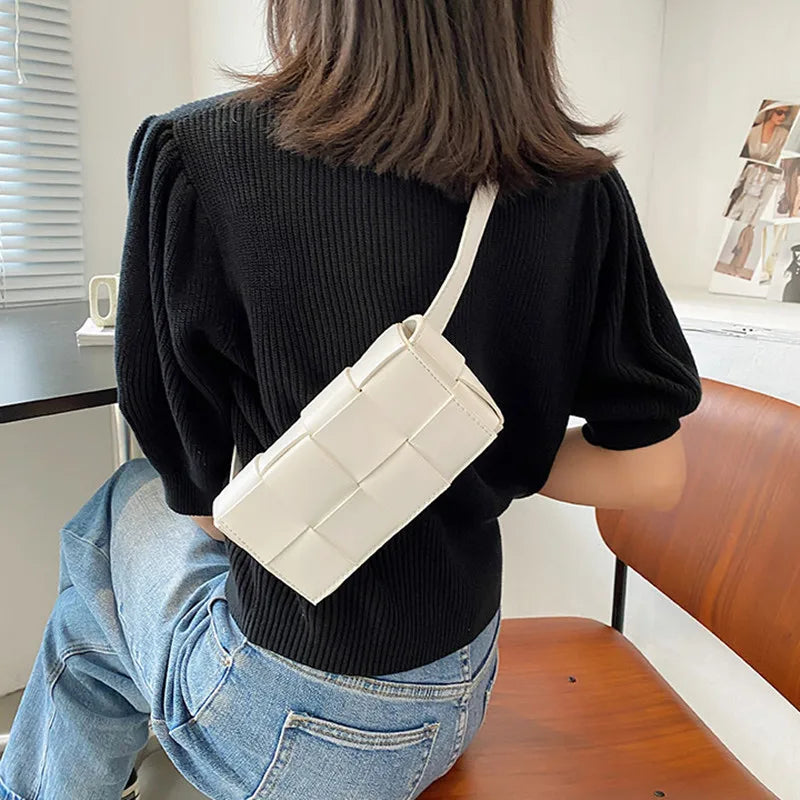 Leather Woven Small Waist Bags For Women Bag Weave Cassette Waist Belt Bag