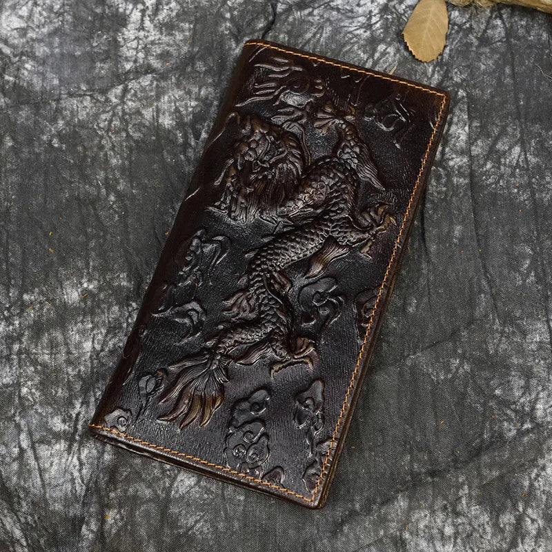 Dragon Embossed Leather Long Wallet with Photo Slots