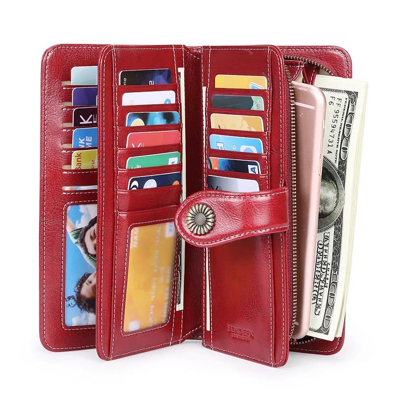 RFID Leather Lady's Purse Long Hand Bag Cow Leather Lady's Wallet