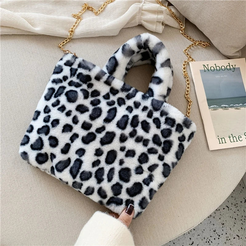 Leopar Chains Fur Plush Women Female Winter Handbags Messenger Soft Warm B001