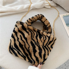 Leopar Chains Fur Plush Women Female Winter Handbags Messenger Soft Warm B001