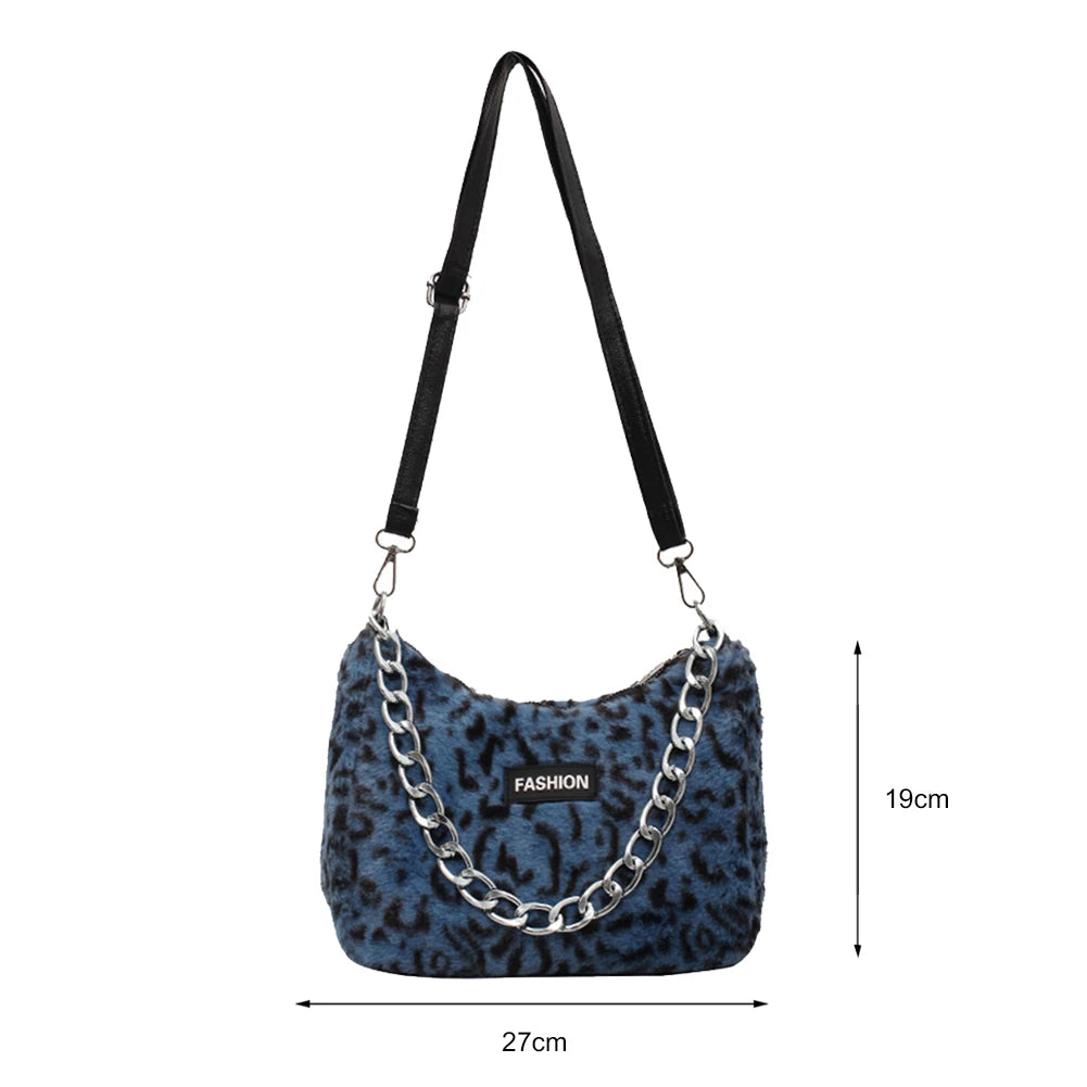 Leopard Bag Women Winter Plush Shoulder Messenger Bag Ladies Warm Large Tote