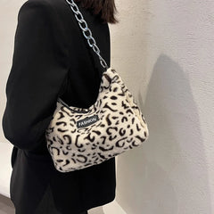 Leopard Bag Women Winter Plush Shoulder Messenger Bag Ladies Warm Large Tote