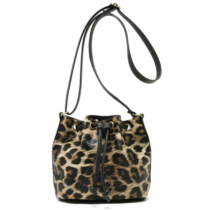 Leopard Leather Bucket Bag One Shoulder Women PU Messenger Bag