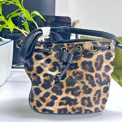 Leopard Leather Bucket Bag One Shoulder Women PU Messenger Bag