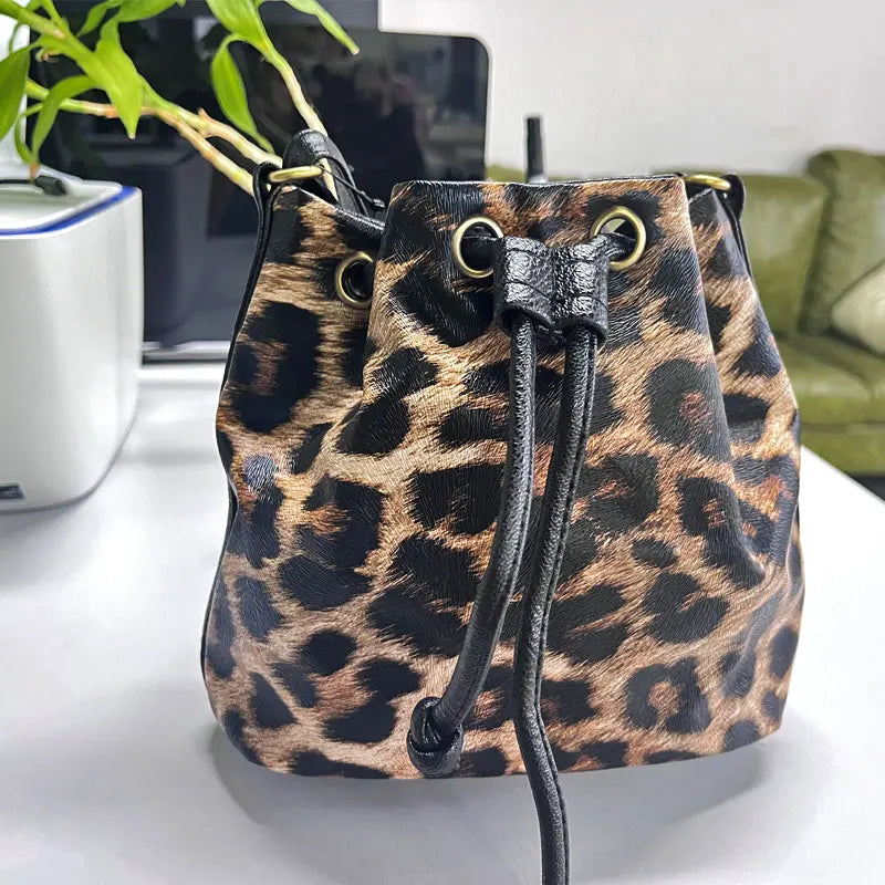 Leopard Leather Bucket Bag One Shoulder Women PU Messenger Bag