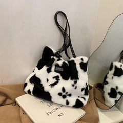 Leopard Pattern Plush Shoulder Bag Winter Purse Handbags Messenger Bags