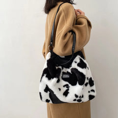 Leopard Pattern Plush Shoulder Bag Winter Purse Handbags Messenger Bags