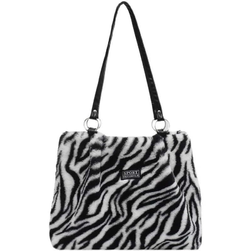Leopard Pattern Plush Shoulder Bag Winter Purse Handbags Messenger Bags