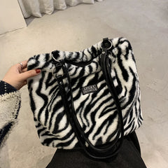 Leopard Pattern Plush Shoulder Bag Winter Purse Handbags Messenger Bags