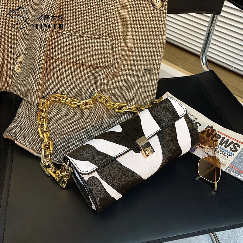 Leopard Pattern Thick Chain Shoulder Bag Handbag Purse Women's Hand Bag