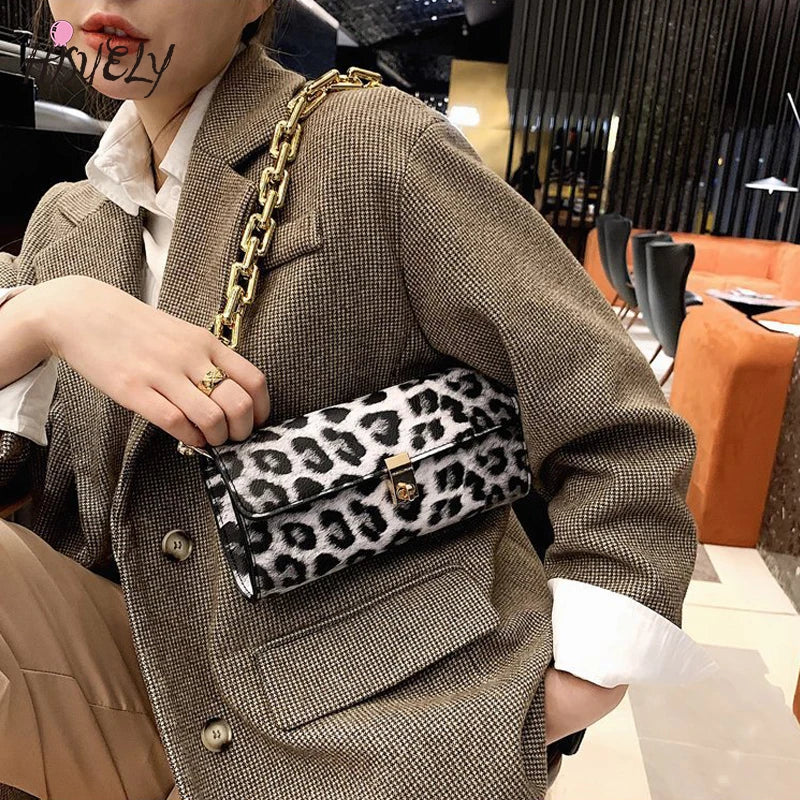 Leopard Pattern Thick Chain Shoulder Bag Handbag Purse Women's Hand Bag