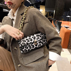 Leopard Pattern Thick Chain Shoulder Bag Handbag Purse Women's Hand Bag