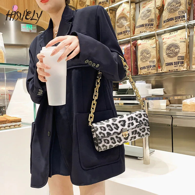 Leopard Pattern Thick Chain Shoulder Bag Handbag Purse Women's Hand Bag