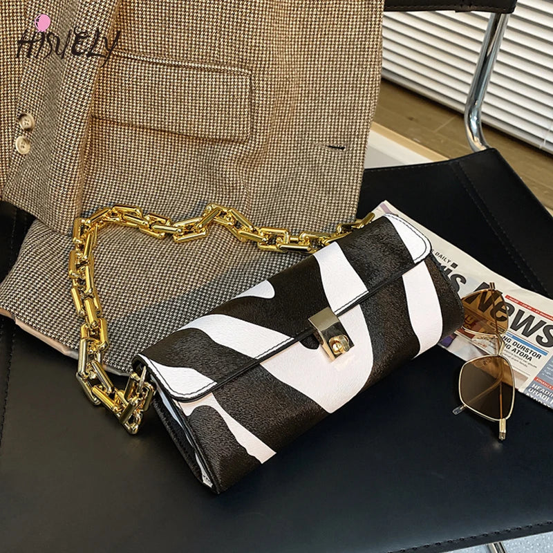 Leopard Pattern Thick Chain Shoulder Bag Handbag Purse Women's Hand Bag