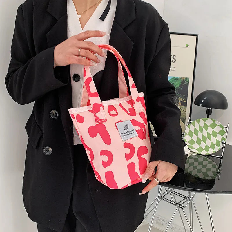 Leopard Pattern Women's Canvas Bucket Bag Pink Tote Clutch Purse Shoulder Bags