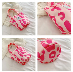 Leopard Pattern Women's Canvas Bucket Bag Pink Tote Clutch Purse Shoulder Bags