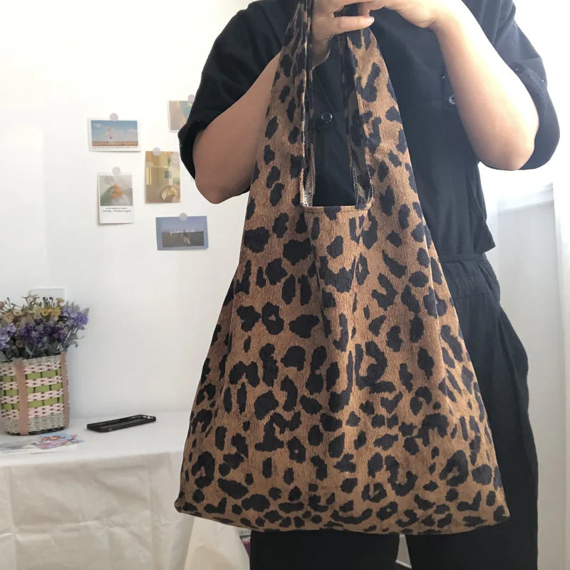 Leopard Pattern Women's Handbags Vest Bag Corduroy Girls Student Large Shoulder