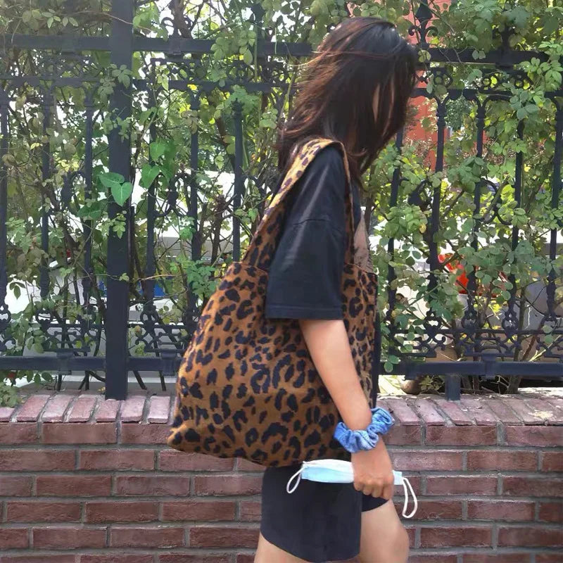 Leopard Pattern Women's Handbags Vest Bag Corduroy Girls Student Large Shoulder
