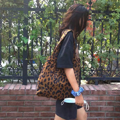 Leopard Pattern Women's Handbags Vest Bag Corduroy Girls Student Large Shoulder