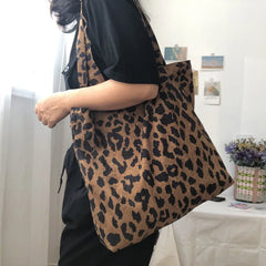 Leopard Pattern Women's Handbags Vest Bag Corduroy Girls Student Large Shoulder