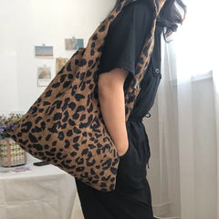 Leopard Pattern Women's Handbags Vest Bag Corduroy Girls Student Large Shoulder