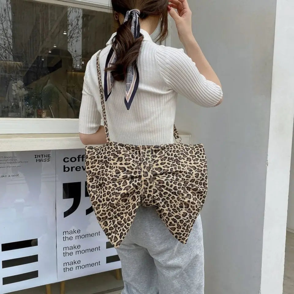 Leopard Pleated Canvas Bag Shoulder Bags Women Satchel Tote Bag