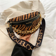 Leopard Print Chain Fanny Pack Belt Pouch Women's PU Leather Waist Bag