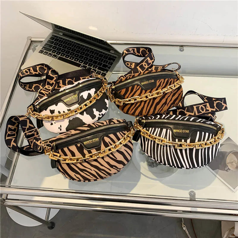 Leopard Print Chain Fanny Pack Belt Pouch Women's PU Leather Waist Bag