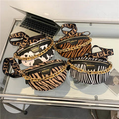 Leopard Print Chain Fanny Pack Belt Pouch Women's PU Leather Waist Bag