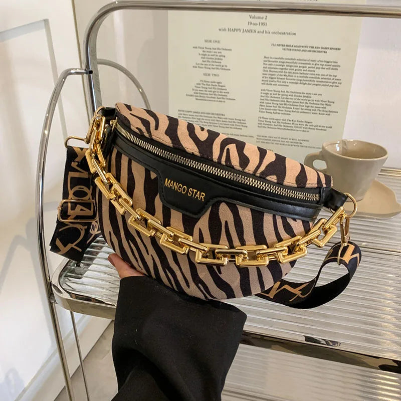 Leopard Print Chain Fanny Pack Belt Pouch Women's PU Leather Waist Bag