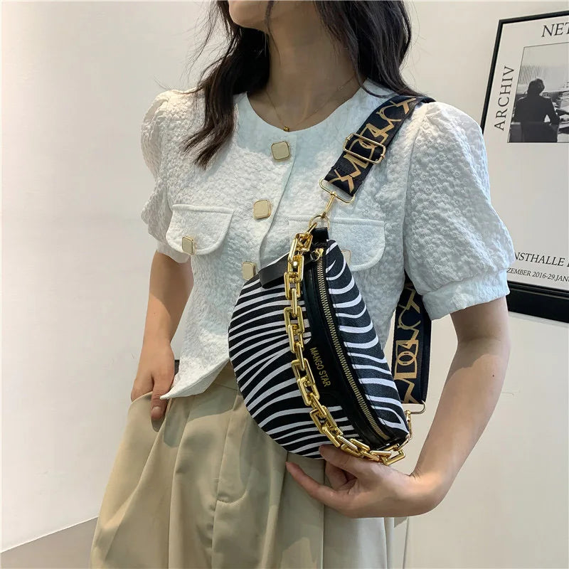 Leopard Print Chain Fanny Pack Belt Pouch Women's PU Leather Waist Bag