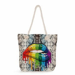 Leopard Rainbow Lips Tote Bag Female Travel Handbags Reusable Shopper Bag