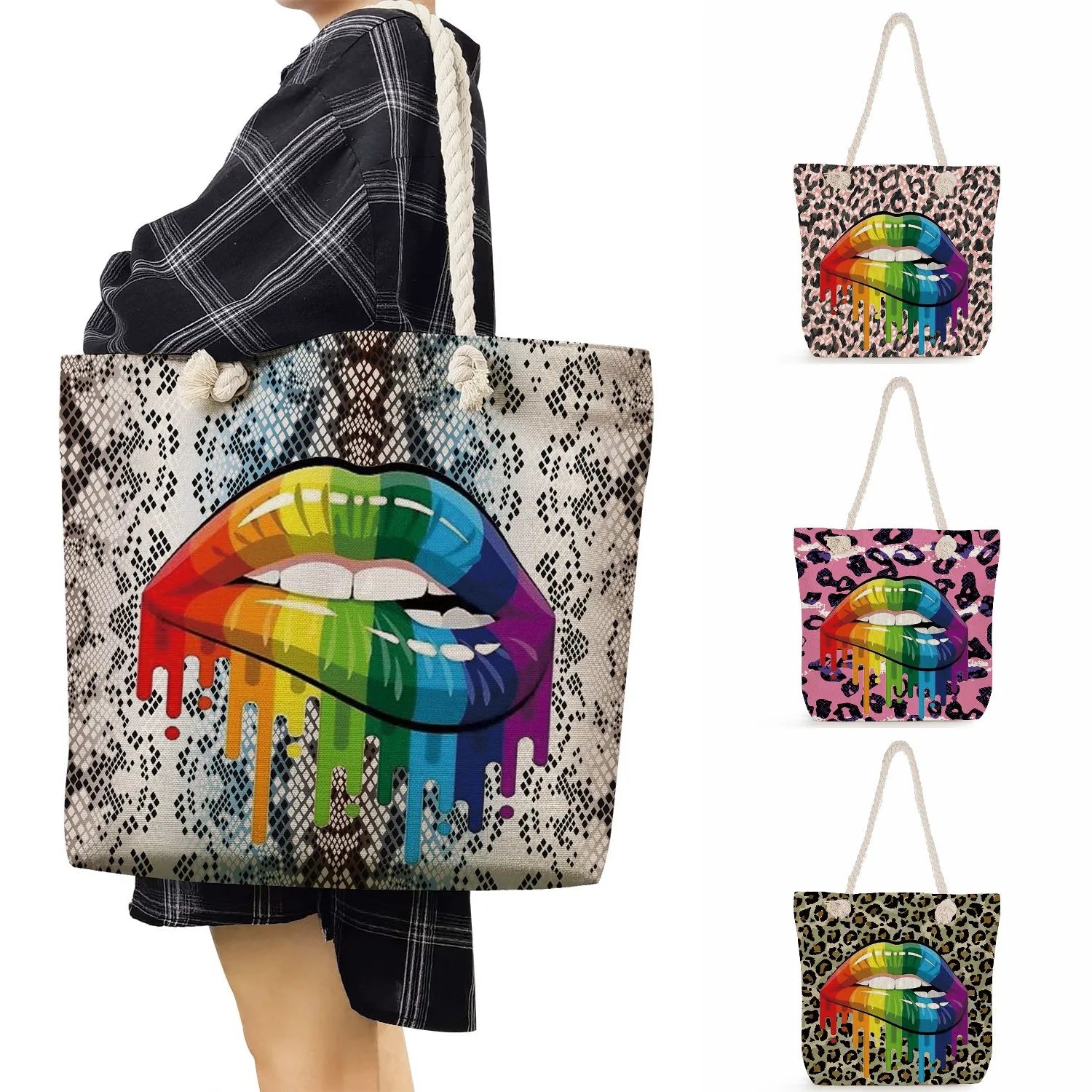 Leopard Rainbow Lips Tote Bag Thick Rope Shopper Travel Female Poly