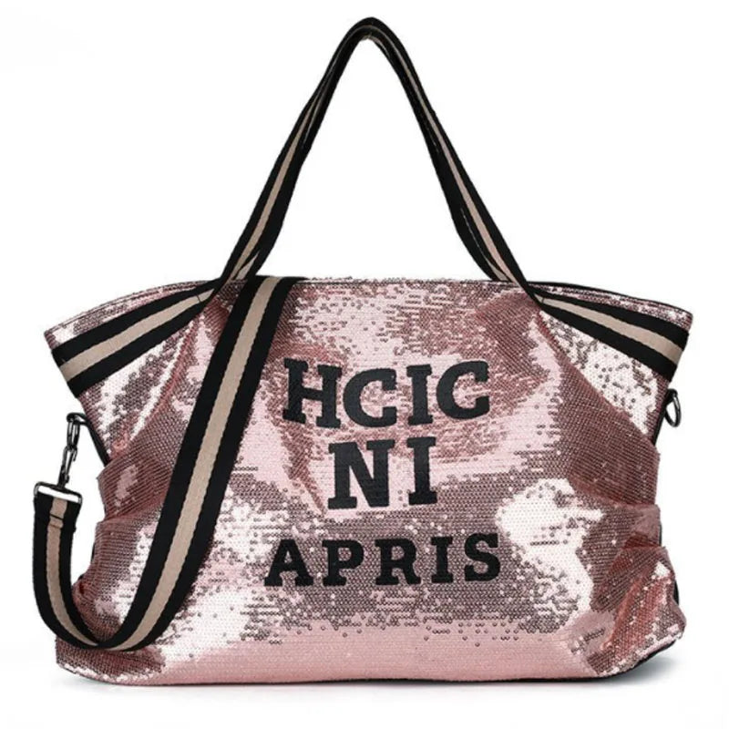 Leopard Sequin Women Handbag High-capacity Travel Bag Letter Large Shoulder Bag