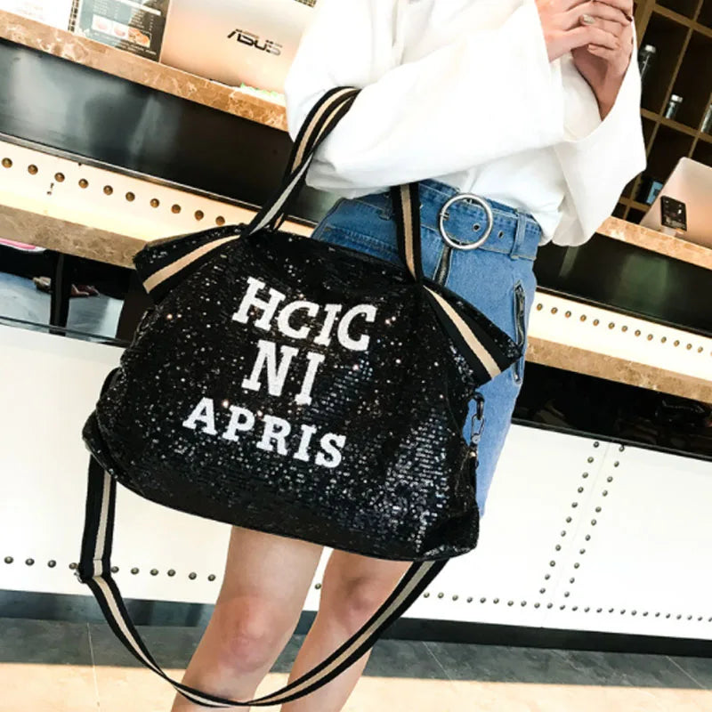 Leopard Sequin Women Handbag High-capacity Travel Bag Letter Large Shoulder Bag
