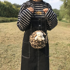 Leopard Crossbody Bag Retro Plush Small Round Bag Ladies Shoulder Bag