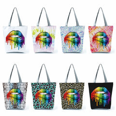Leopard Sexy Lips Print Handbags Women Shoulder Bags High Capacity Beach Tote