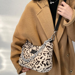 Leopard Stripes Small Faux Fur Tote Bag Women Winter Crossbody Handbags
