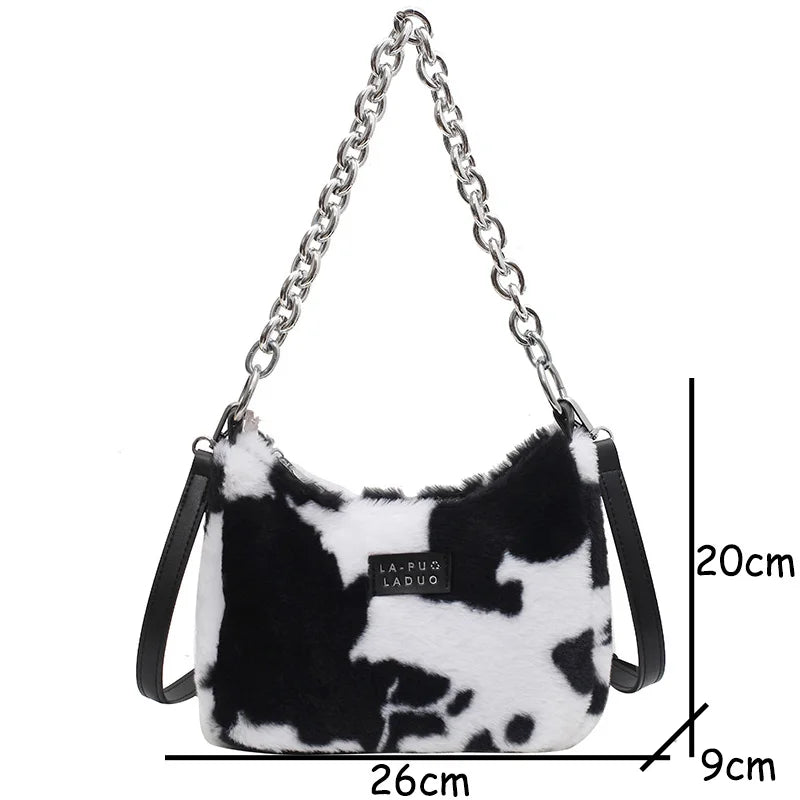 Leopard Stripes Small Faux Fur Tote Bag Women Winter Crossbody Handbags