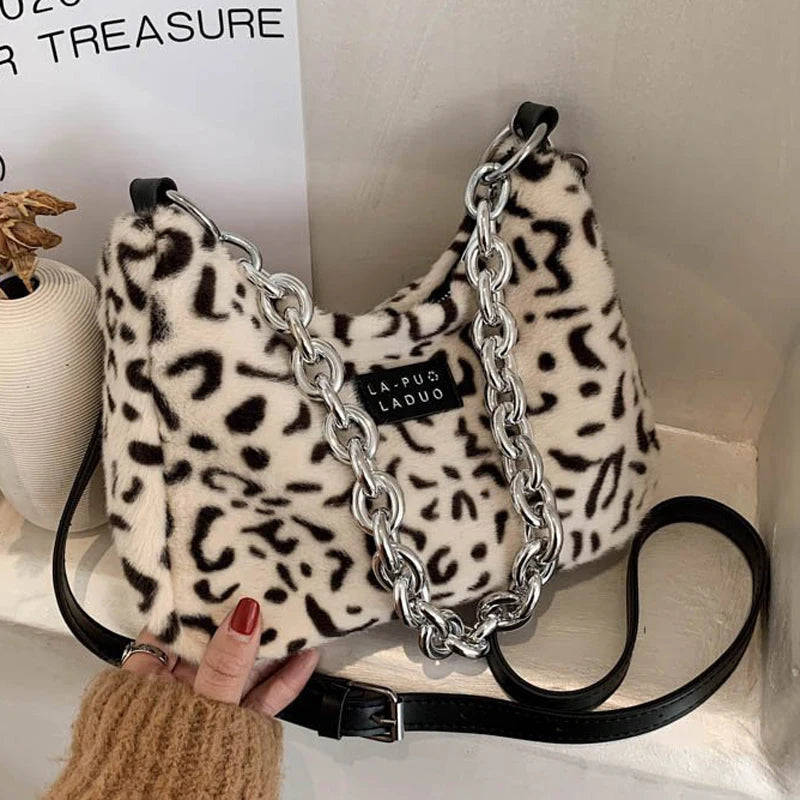 Leopard Stripes Small Faux Fur Tote Bag Women Winter Crossbody Handbags